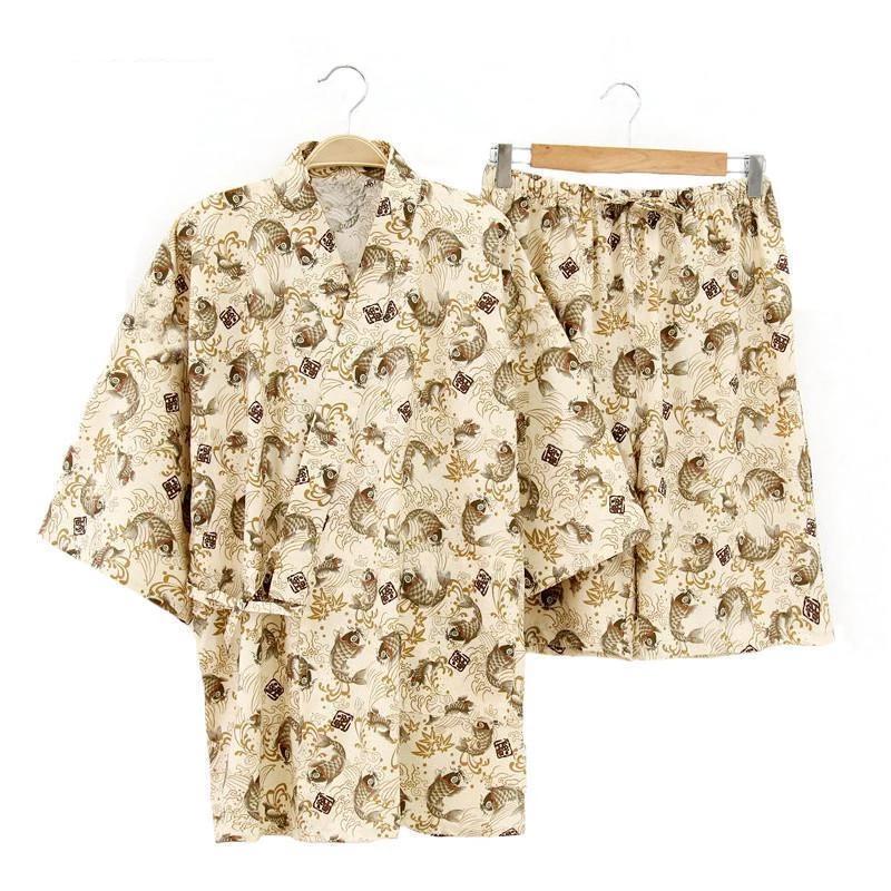 Unisex Pajamas Sets Print Kimono Suit Japanese Style Soft Homewear Short Sleeve Tops & Shorts