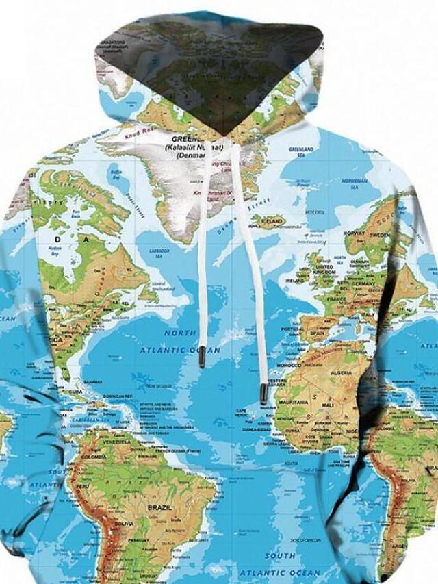 3D Printed Map Geometric Hoodie - Hooded Active Pullover