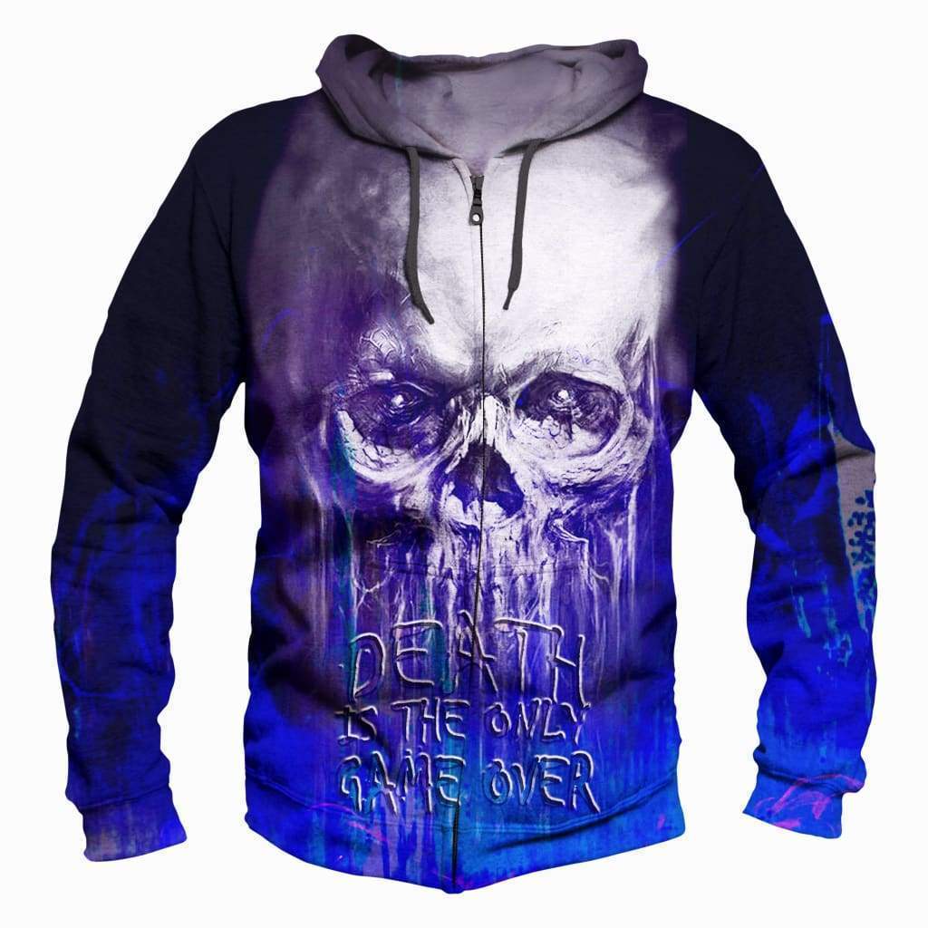 Funny Death Is The Only Game Over Hoodies - Zip Up White Skull Hoodie