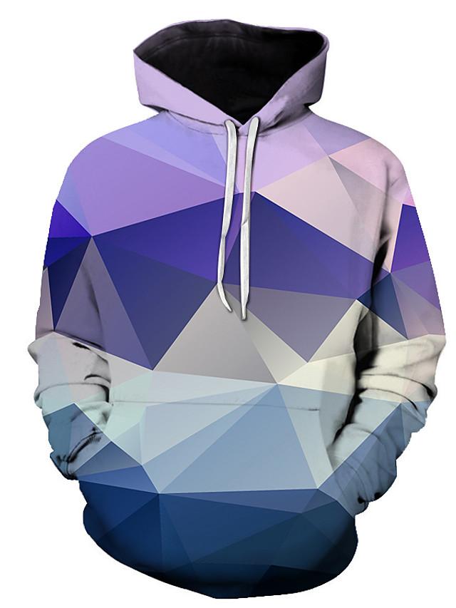 Men's Geometric 3D Printed Hooded Basic Purple Pullover Hoodie