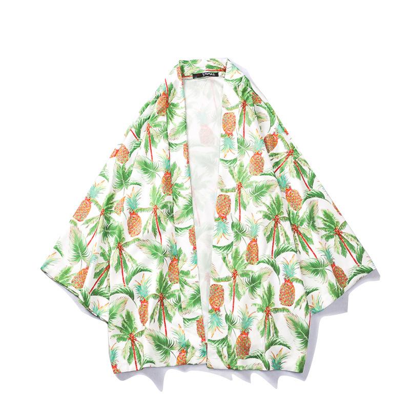 Men Pineapple Print Loose Cool Casual Japanese Style Beach Kimono Shirt