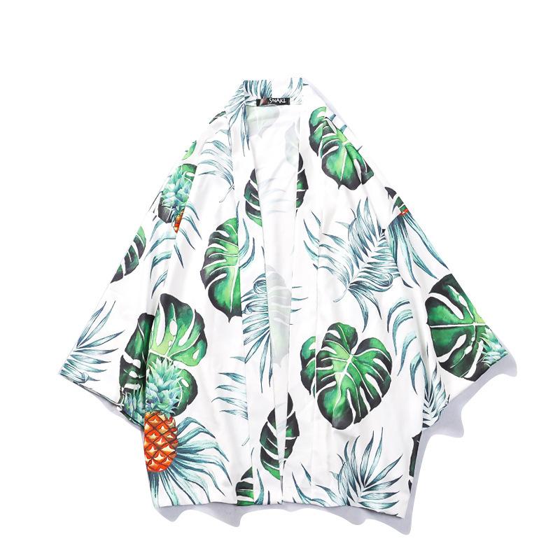 Men Summer Leaf Print Fashion Japanese Kimonos Cardigan Shirt