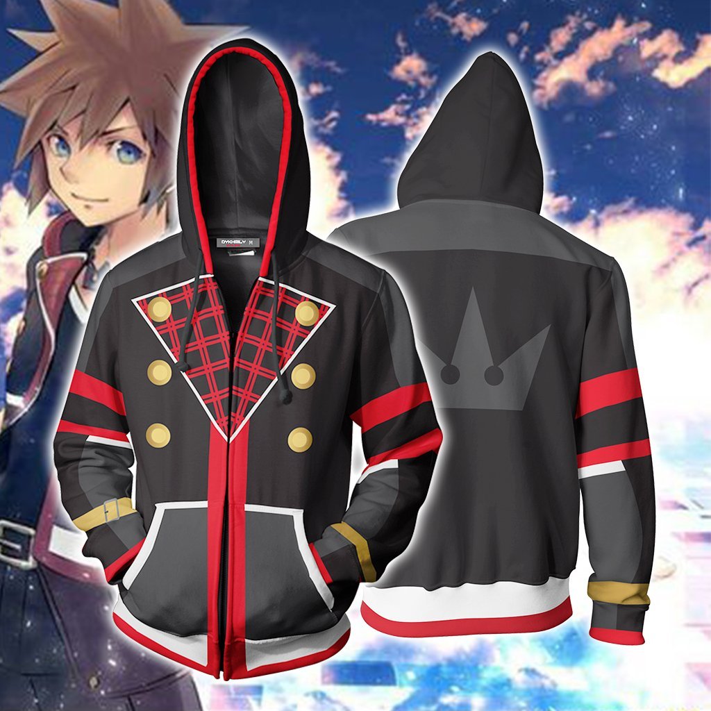 Kingdom Hearts III Sora Hoodies - Zip Up Black-red Cosplay Hoodie