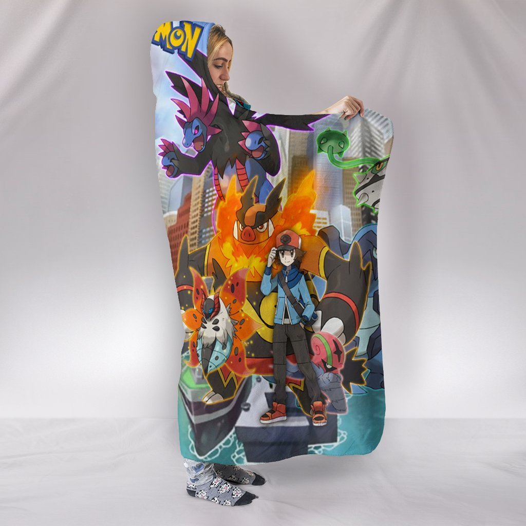 Pokemon Characters Hooded Blanket - Two Boys Green  Blanket