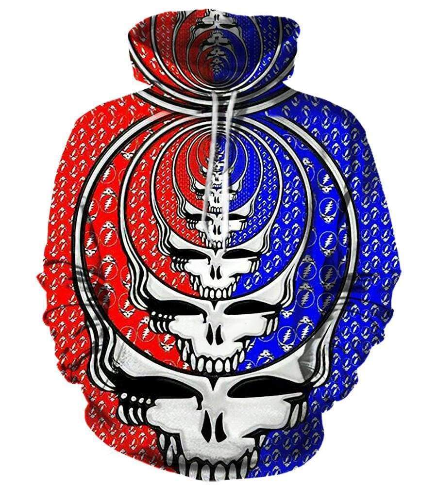 Funny Grateful Dead Hoodies - Pullover Red - Blue Skull 3D Hoodie