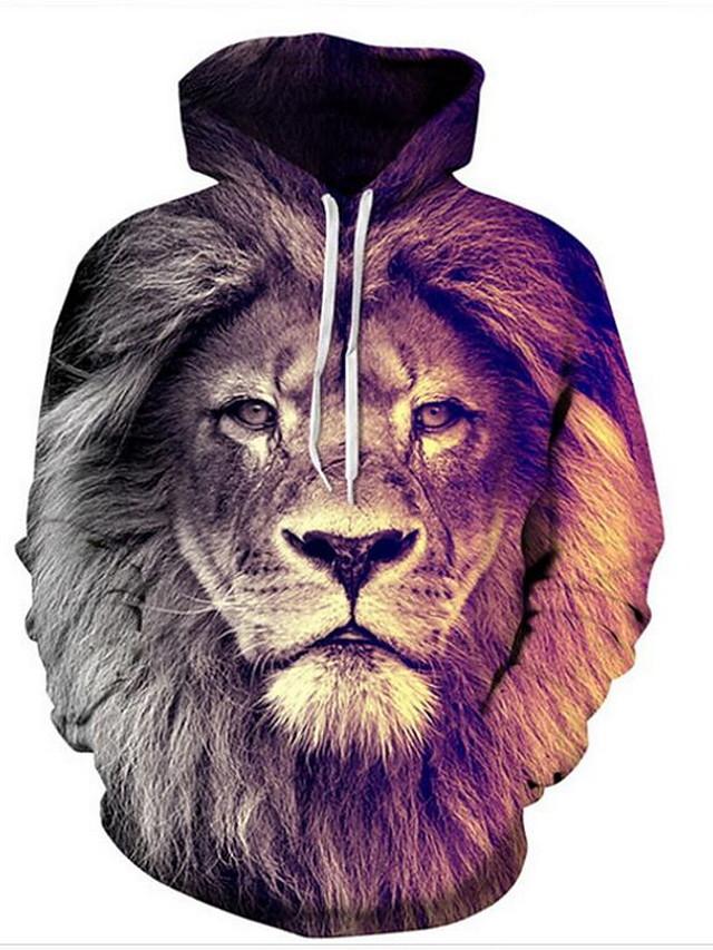 3D Lion Printed Hoodie - Active Long Sleeve Hooded Pullover