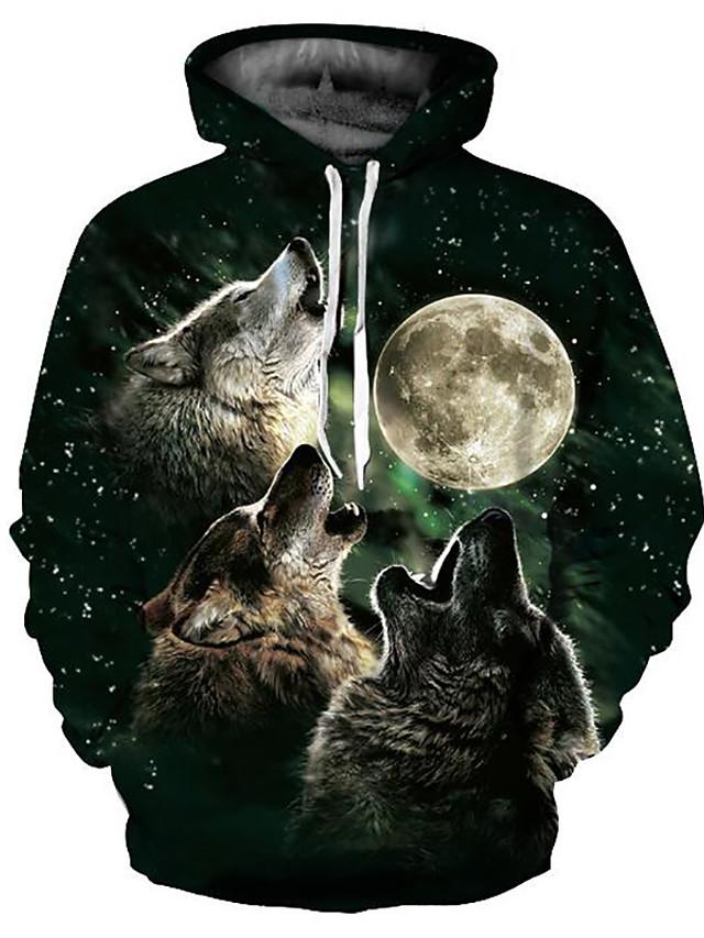 3D Printed Wolf Cartoon Hoodie - Hooded Basic Exaggerated Pullover