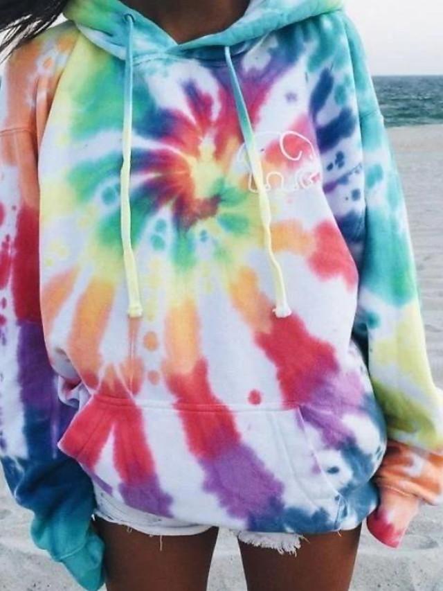 Women's Comfy Rainbow Hoodie - Tie Dye Basic Pullover