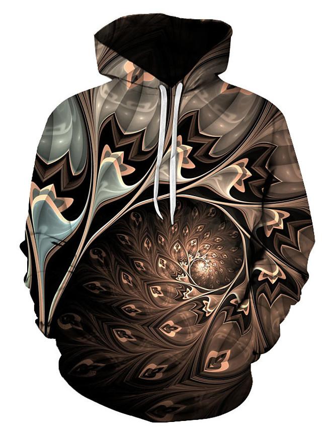Men&#39;s Geometric 3D Printed Hooded Street Chic Brown Hoodie Pullover